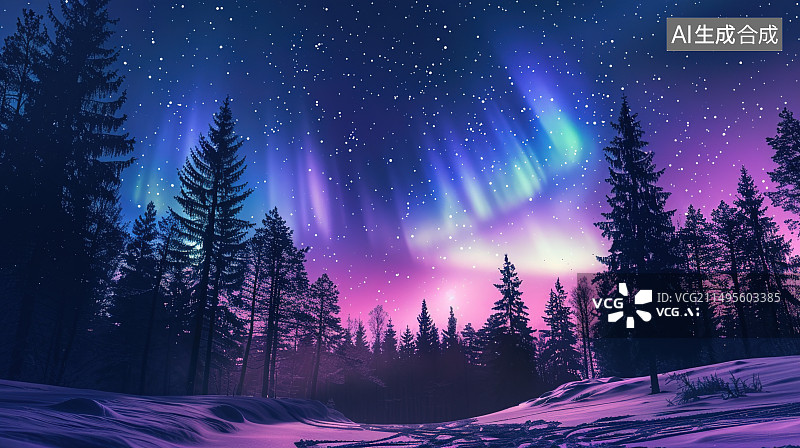 【AI数字艺术】夜幕下白雪皑皑的极光景色图片素材
