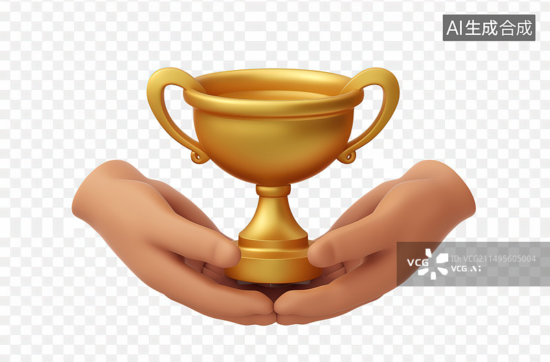 【AI数字艺术】白色背景下拿着奖杯的人的小手图片素材