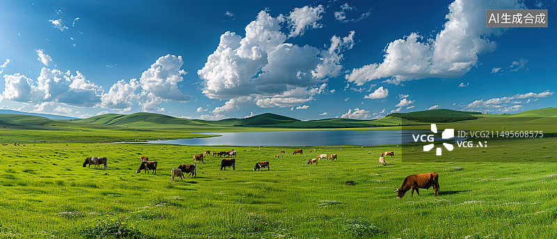【AI数字艺术】蓝天白云下的草原和放牧的羊群图片素材