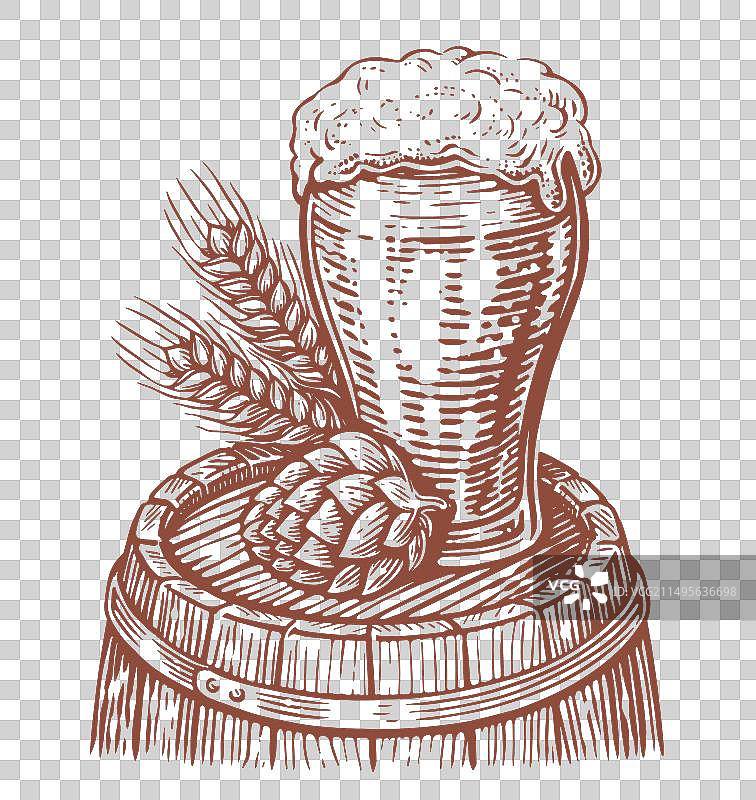 木桶上的啤酒杯图片素材