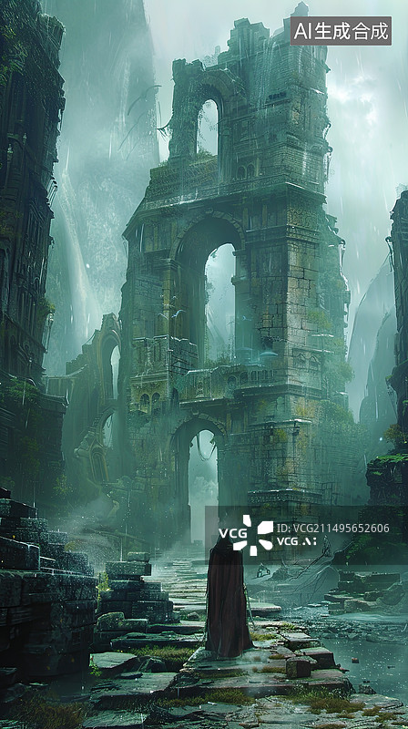 【AI数字艺术】一个人背影站在科幻场景未来宇宙神话神秘电影场景插画图片素材