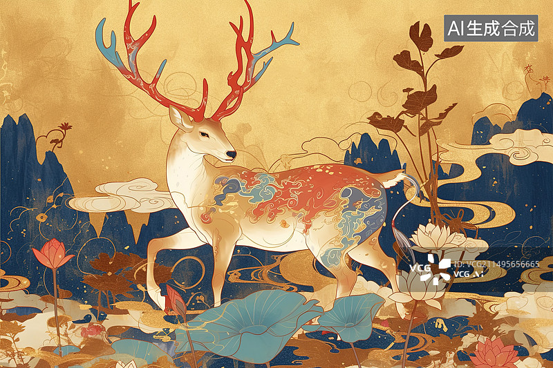 【AI数字艺术】金色背景下的敦煌壁画九色鹿插画图片素材