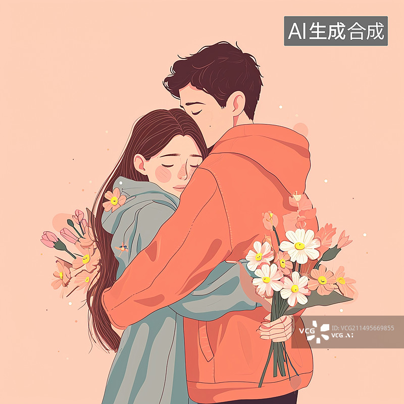 【AI数字艺术】一对情侣捧着一束花在拥抱图片素材