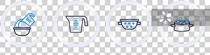 线条勾勒的锅、厨房滤锅和量具图片素材
