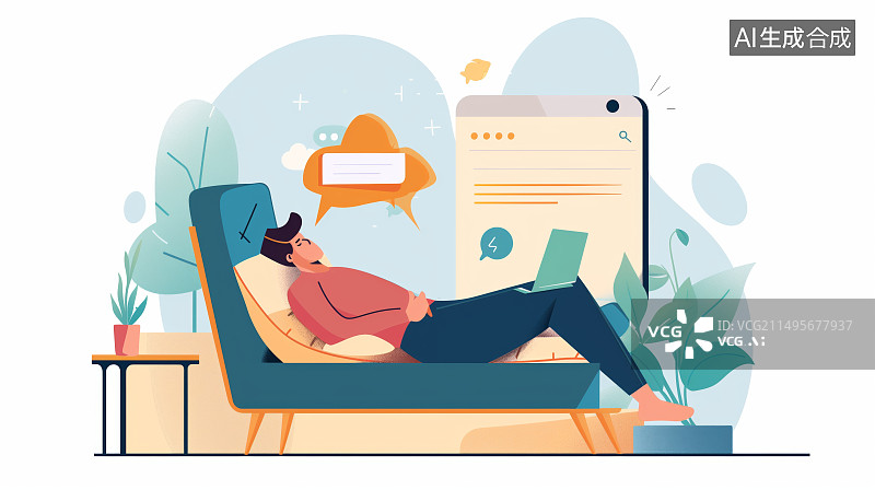 【AI数字艺术】青年使用电脑手机电子产品工作场景插画图片素材