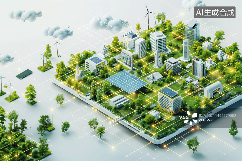 【AI数字艺术】智慧城市太阳能电池板光伏发电建设概念图插画图片素材