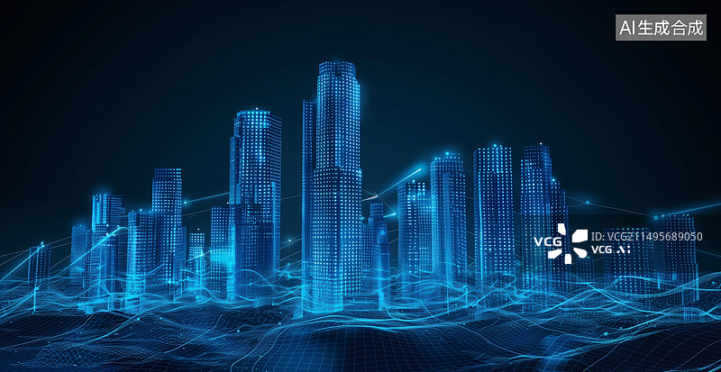 【AI数字艺术】三维蓝色科技线框城市图片素材