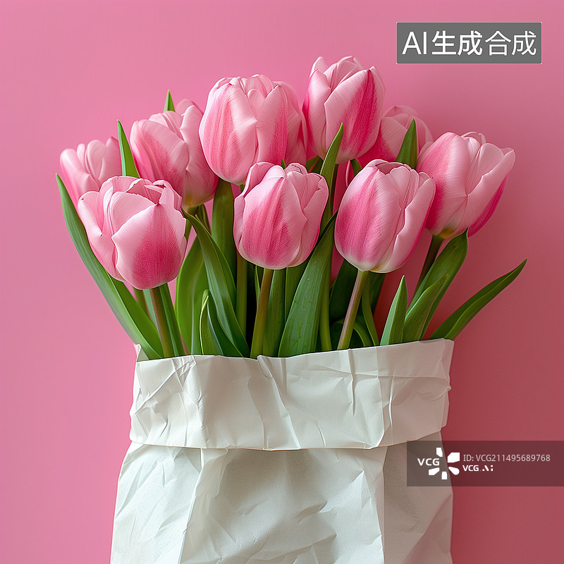 【AI数字艺术】一束彩色郁金香在袋子里图片素材