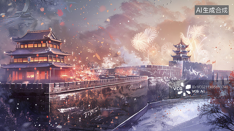 【AI数字艺术】水彩传统建筑烟花插画海报背景图片素材