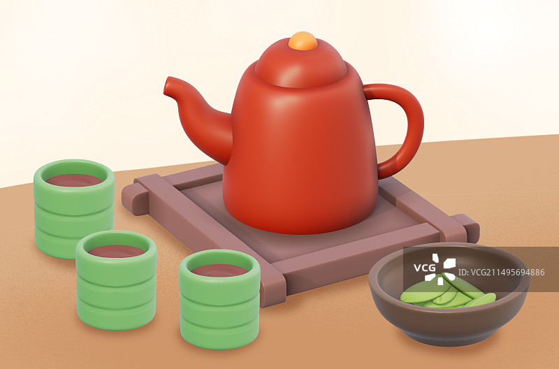 一套喝茶器具3D卡通插画图片素材