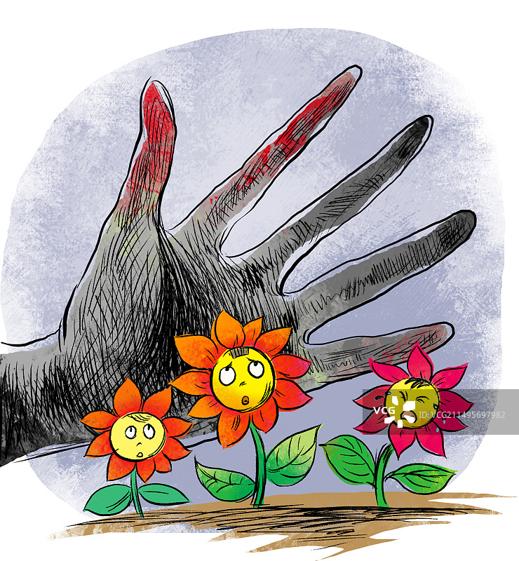 黑色大手摧残脆弱的儿童花朵图片素材