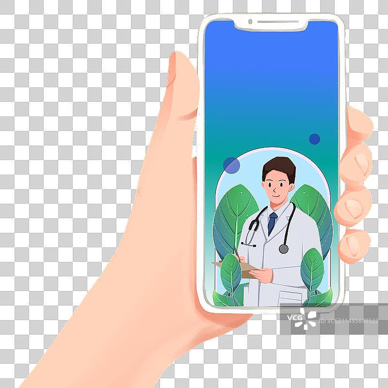 手拿着手机，屏幕上显示医生护士人物扁平风插画元素图片素材
