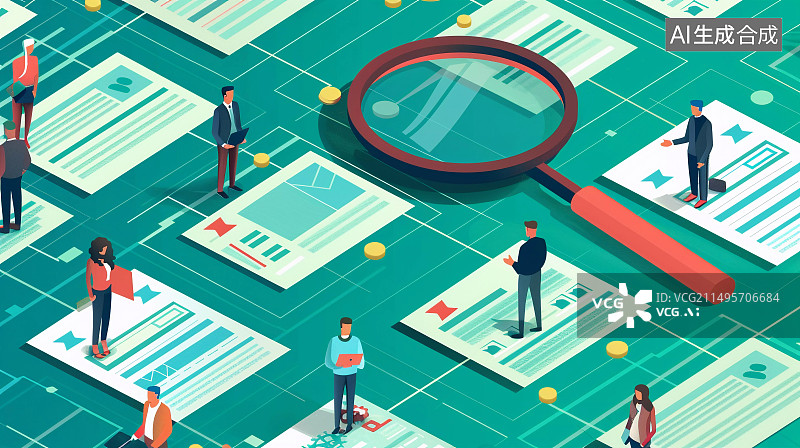【AI数字艺术】放大镜与候选人简历，招聘概念扁平插画图片素材