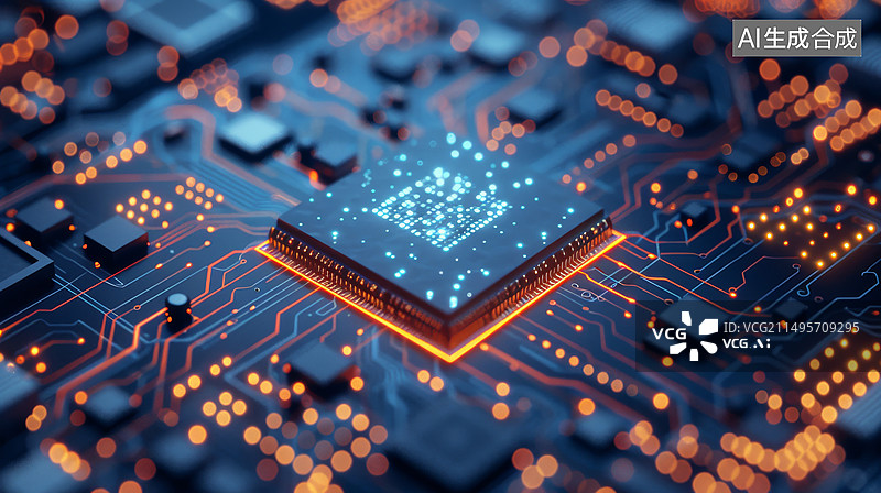 【AI数字艺术】蓝色背景下的电脑芯片和主板电路图图片素材