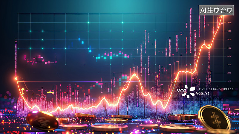 【AI数字艺术】硬币和股市走势图经济贸易概念图片素材