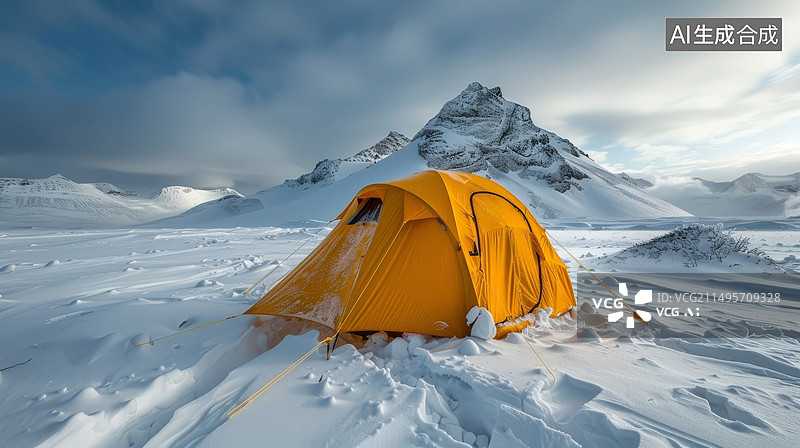 【AI数字艺术】黄色帐篷坐落在白雪覆盖的冰川上图片素材