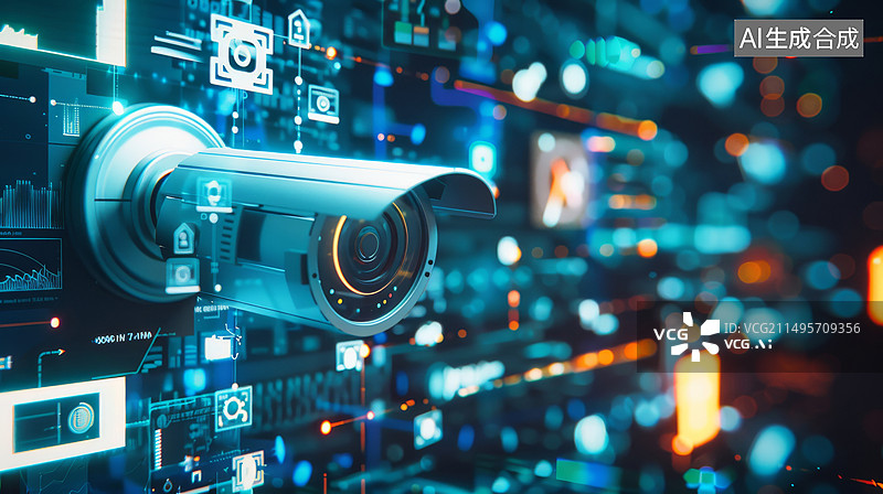【AI数字艺术】墙壁侧面安装的摄像头和科技背景图片素材