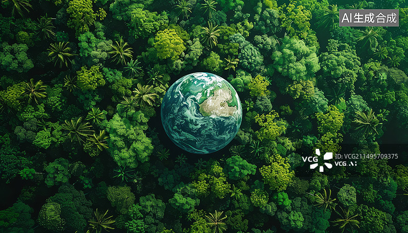 【AI数字艺术】绿色环保主题俯视图树木中间的蓝色地球图片素材