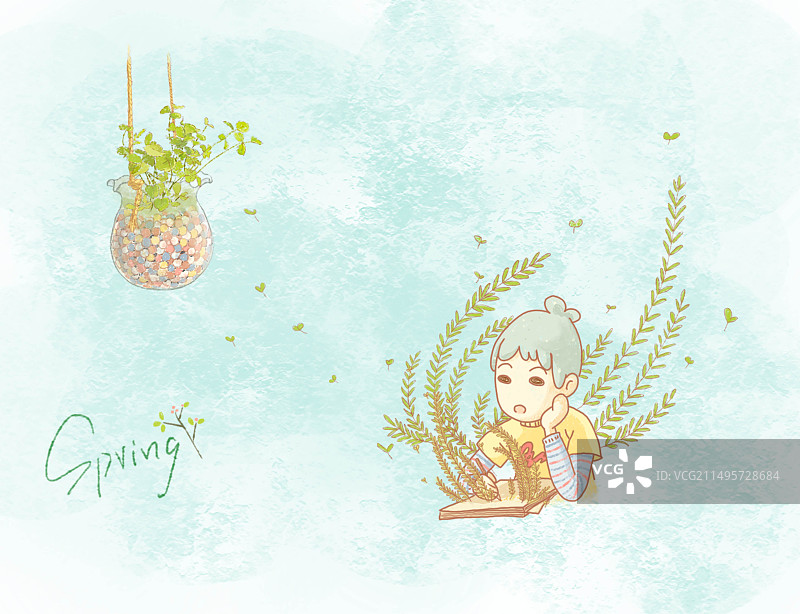 插画二维日式原画风卡通男孩创作树木小草春日灵感图片素材