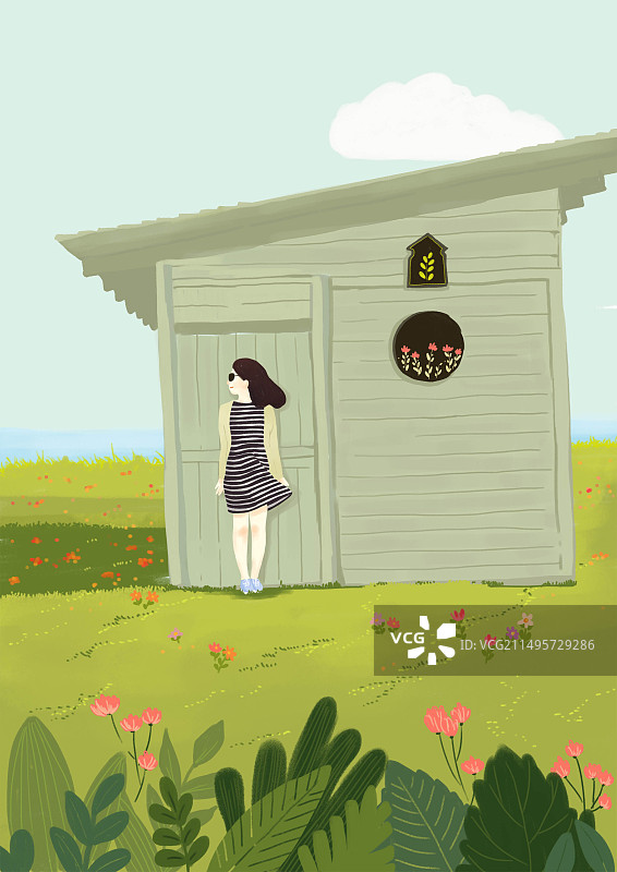 插画二维手绘原画风卡通女孩站立草原上房屋日景图片素材