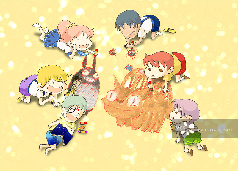 插画二维日式原画风卡通男女趴在地上用蜡笔画画睡觉发呆创作图片素材