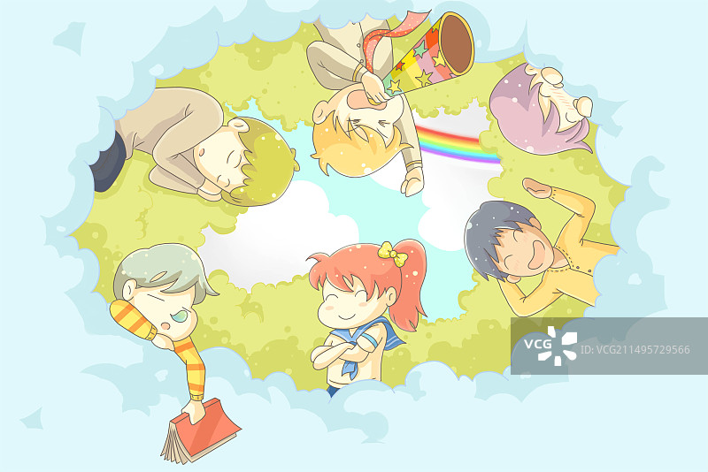 插画二维日式原画风卡通男女云朵向下看发呆思索闲聊开心打闹玩耍图片素材