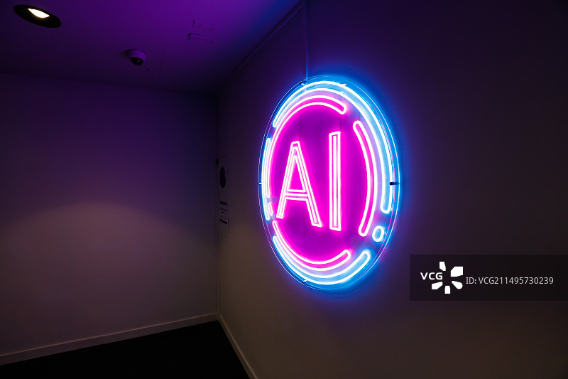 霓虹灯AI（人工智能）、元宇宙符号,信息科技背景。图片素材