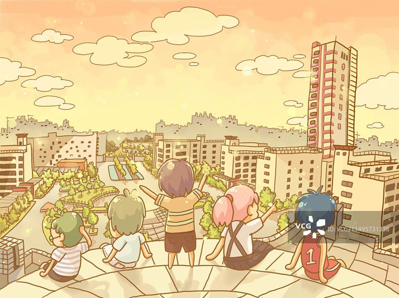 插画二维日式原画风卡通校园建筑男女天台看风景夕阳图片素材
