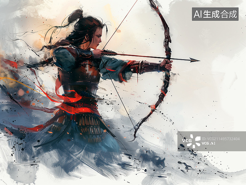 【AI数字艺术】中国古代年轻将士用弓箭瞄准目标图片素材