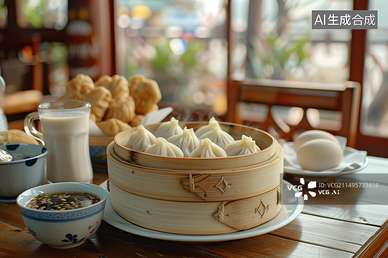 【AI数字艺术】餐厅内餐桌上摆放着一个装满小笼包的竹蒸笼和其他早餐图片素材