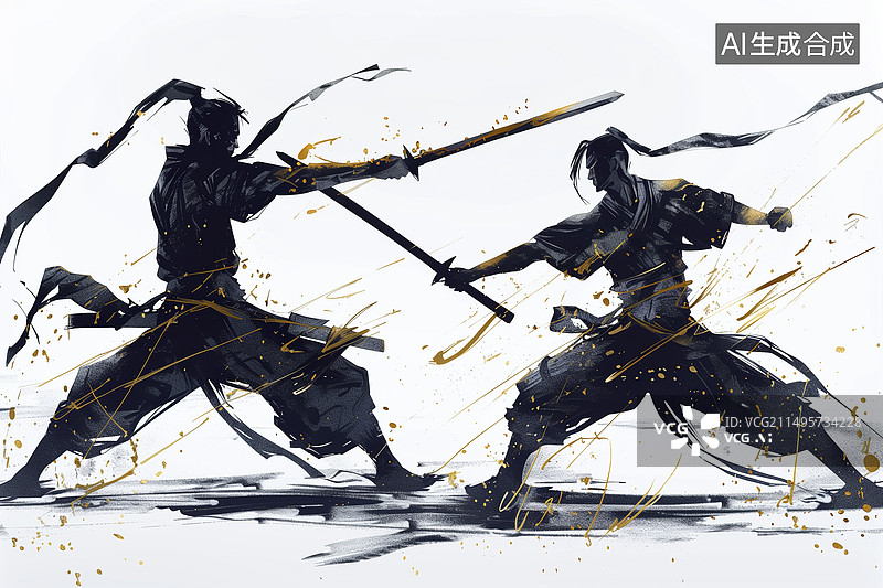 【AI数字艺术】中国古代武侠剑客比武抽象写意水墨画剪影图片素材