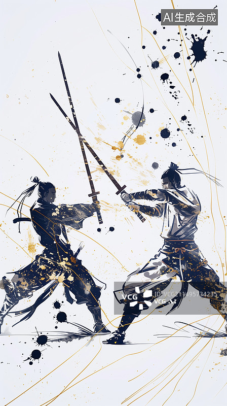 【AI数字艺术】中国古代武侠剑客比武抽象写意水墨画剪影图片素材