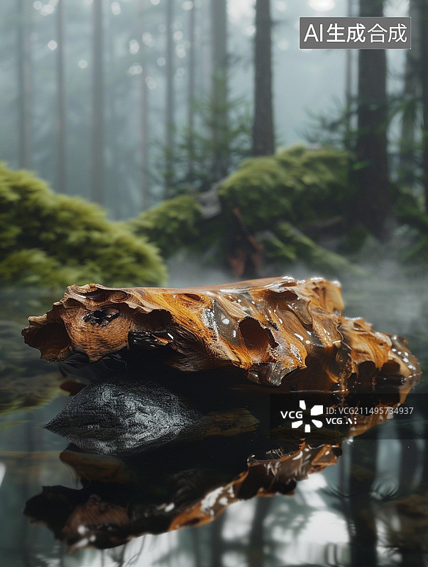 【AI数字艺术】产品展示背景——潮湿森林里的檀木与苔藓图片素材