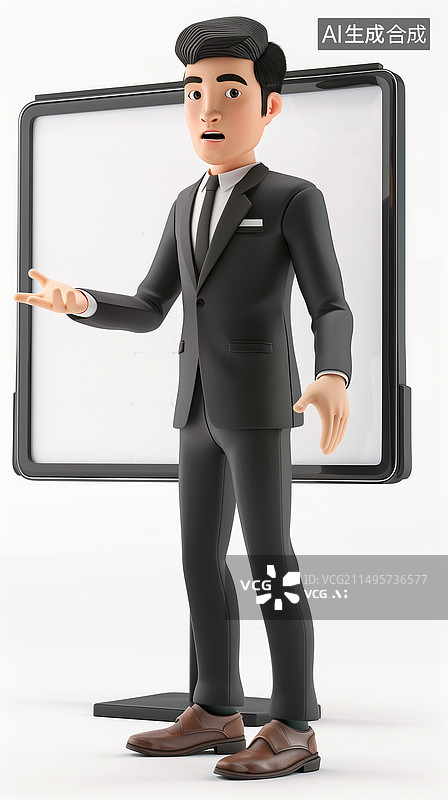 【AI数字艺术】西装男职员在白板前汇报演讲的3d卡通站姿全身像图片素材