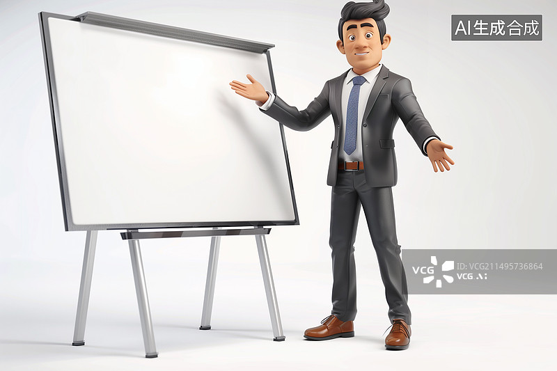 【AI数字艺术】西装男职员在白板前汇报演讲的3d卡通站姿全身像图片素材