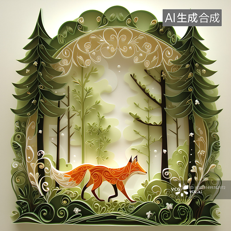 【AI数字艺术】衍纸，行走在林间的狐狸图片素材