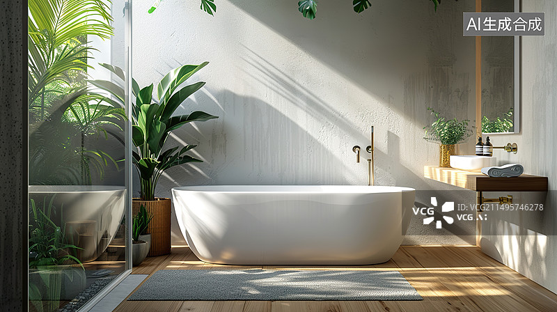 【AI数字艺术】室内浴室场景白色热水器高端轻奢质感明亮的光影图片素材