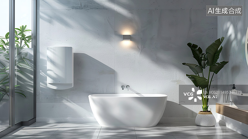 【AI数字艺术】室内浴室场景白色热水器高端轻奢质感明亮的光影图片素材