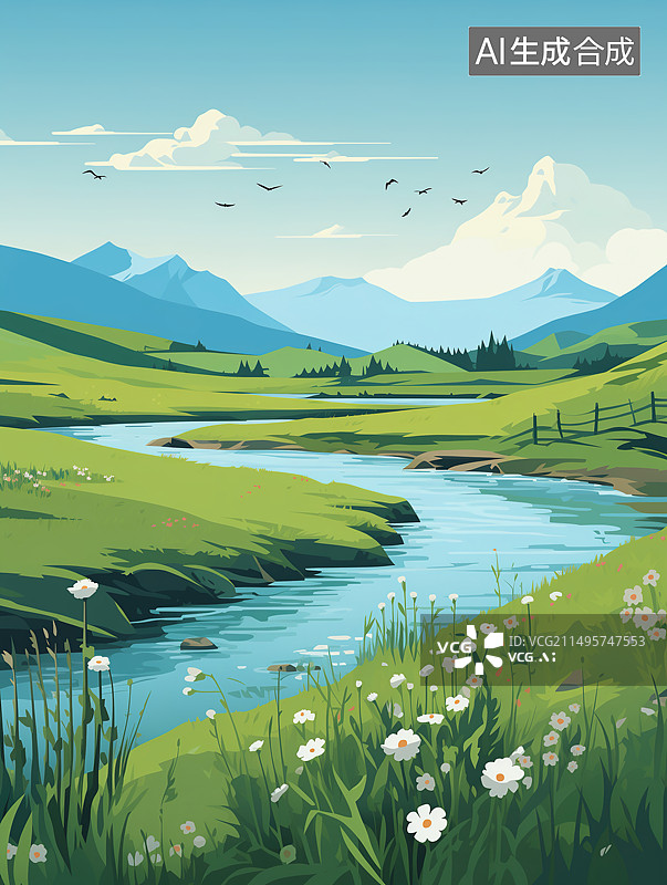 【AI数字艺术】山川溪流 自然风光插画图片素材