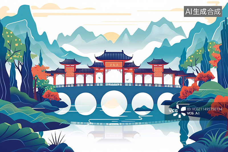 【AI数字艺术】唯美古桥游廊中国风古建筑手绘插画海报图片素材