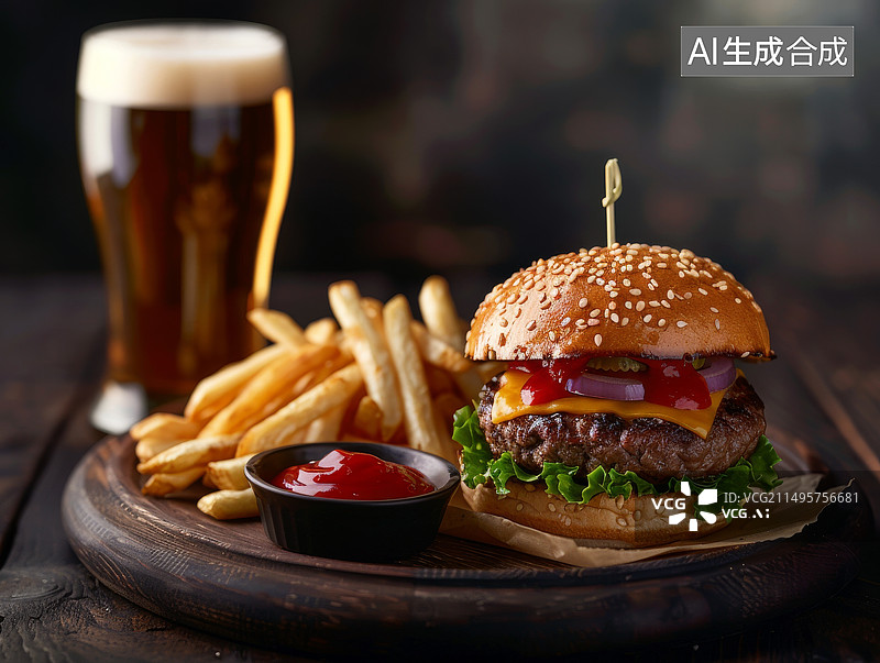 【AI数字艺术】黑色背景下的汉堡、芝士汉堡、薯条和一杯啤酒图片素材