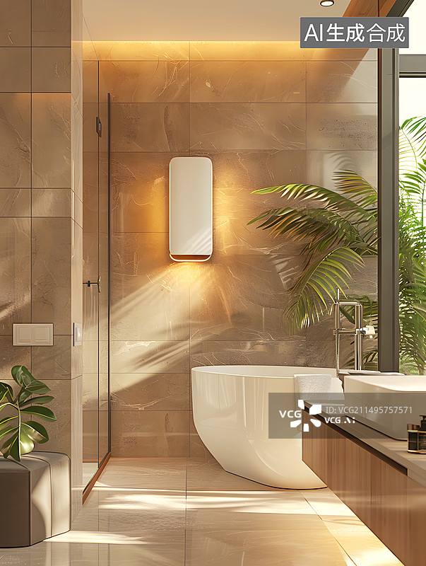 【AI数字艺术】AIGC:浴室浴缸热水器，高端，轻奢质感浴室背景 插图图片素材