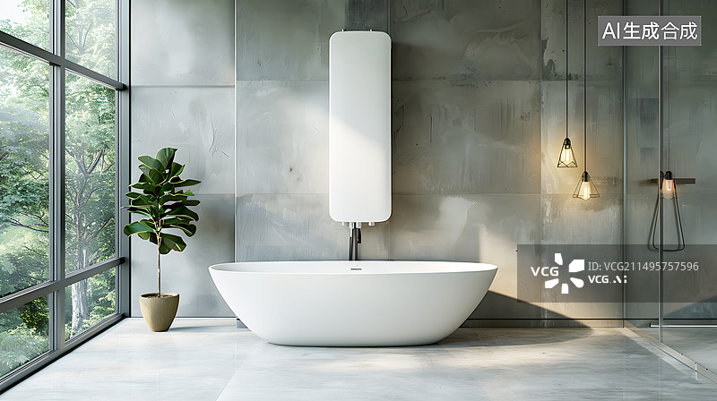【AI数字艺术】AIGC:3D渲染浴室浴缸 热水器 高端轻奢图片素材
