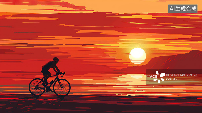 【AI数字艺术】日落时骑自行车的人的剪影图片素材