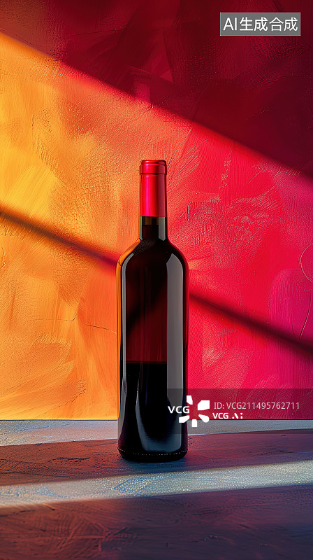【AI数字艺术】靠墙桌上的酒瓶特写镜头图片素材
