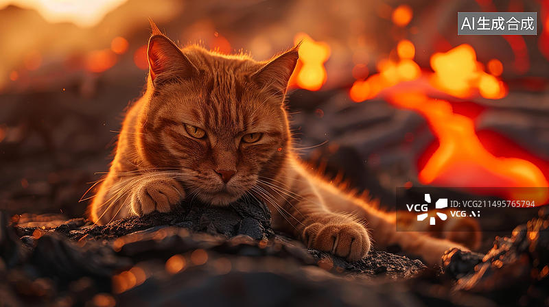 【AI数字艺术】一只姜黄色猫躺在熔岩流前的岩石上图片素材