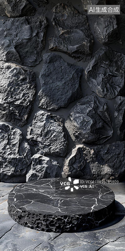 【AI数字艺术】黑色大理石圆形展台黑色岩石背景产品展示图片素材