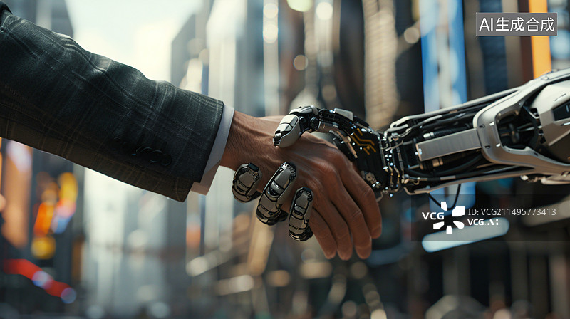 【AI数字艺术】机器人和人类握手图片素材