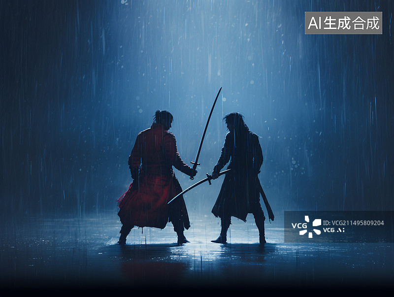 【AI数字艺术】两名英姿飒爽的中国侠客持剑对战插画图片素材