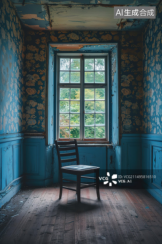 【AI数字艺术】透过窗户看到的空椅子图片素材